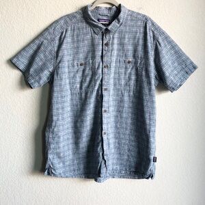Patagonia Mens Back Step Hemp Shirt Short Sleeve Blue Plaid XXL